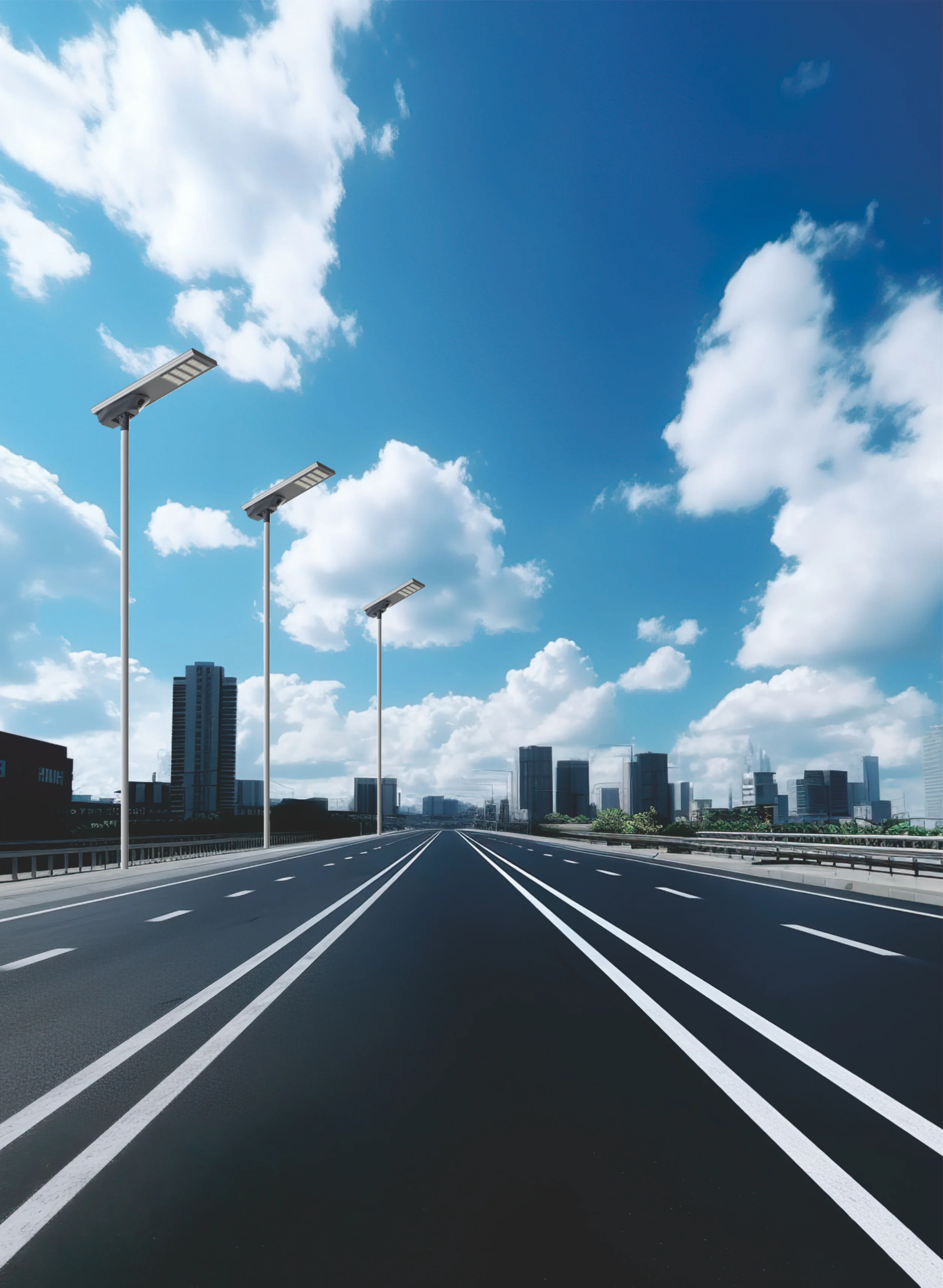 Premium integrated solar street lights installed on a modern city highway, featured in the product category menu.