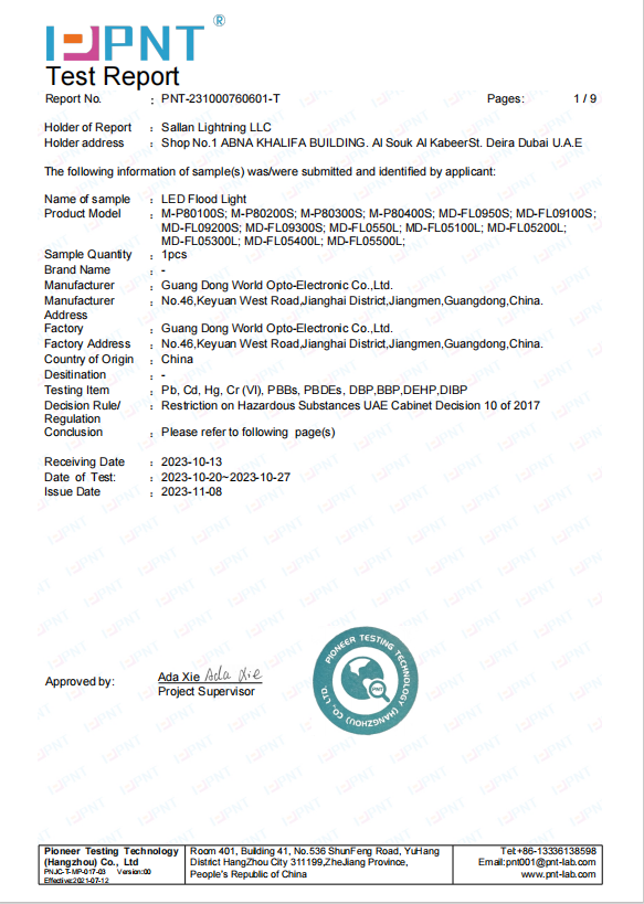 Official RoHS test report for VMAX LED flood lights, certifying compliance with environmental protection and hazardous substance restrictions.