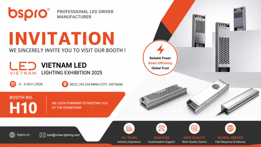 BSPRO official invitation to the Vietnam LED Lighting Exhibition at SECC Ho Chi Minh City, showcasing professional industrial LED driver solutions at Booth H10.
