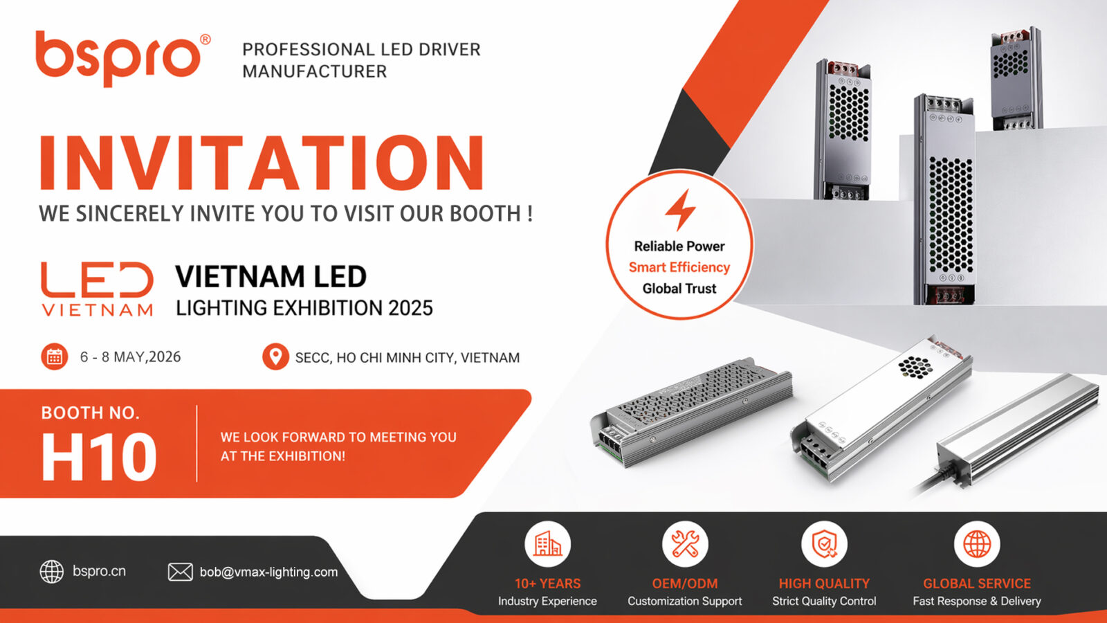 Invitation: Discover bspro's Professional LED Driver Solutions at Vietnam LED Lighting Exhibition solar street light BSPRO official invitation to the Vietnam LED Lighting Exhibition at SECC Ho Chi Minh City, showcasing professional industrial LED driver solutions at Booth H10.