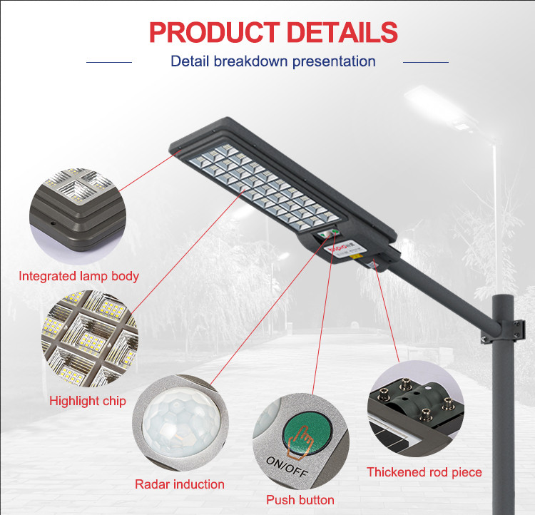 Close-up details of solar street light: high brightness LEDs, motion sensor, and durable housing