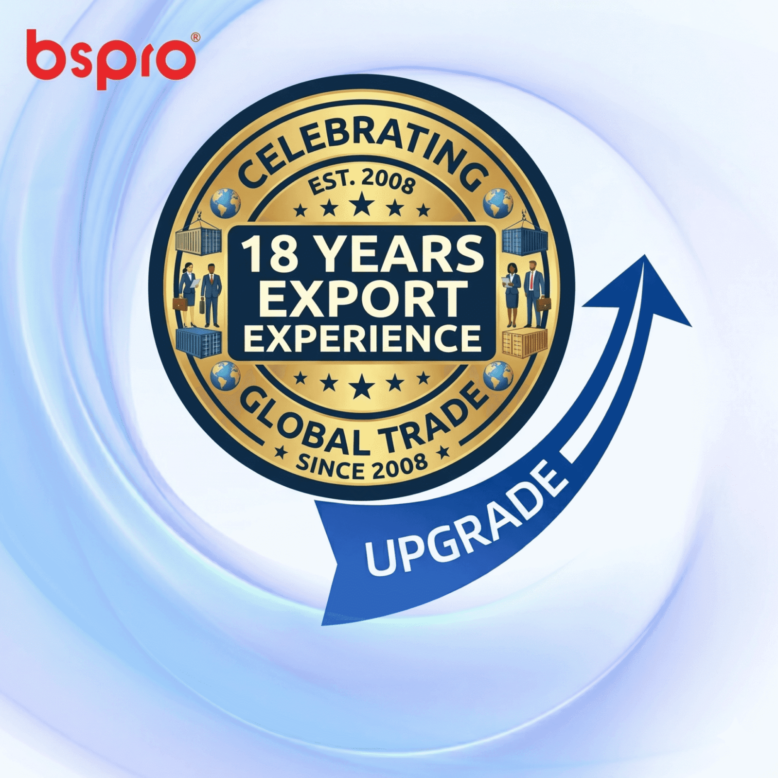 BSPRO official badge celebrating 18 years of global trade and export experience since 2008.