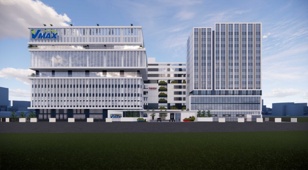 About US bspro lighting Modern office building with greenery accents.