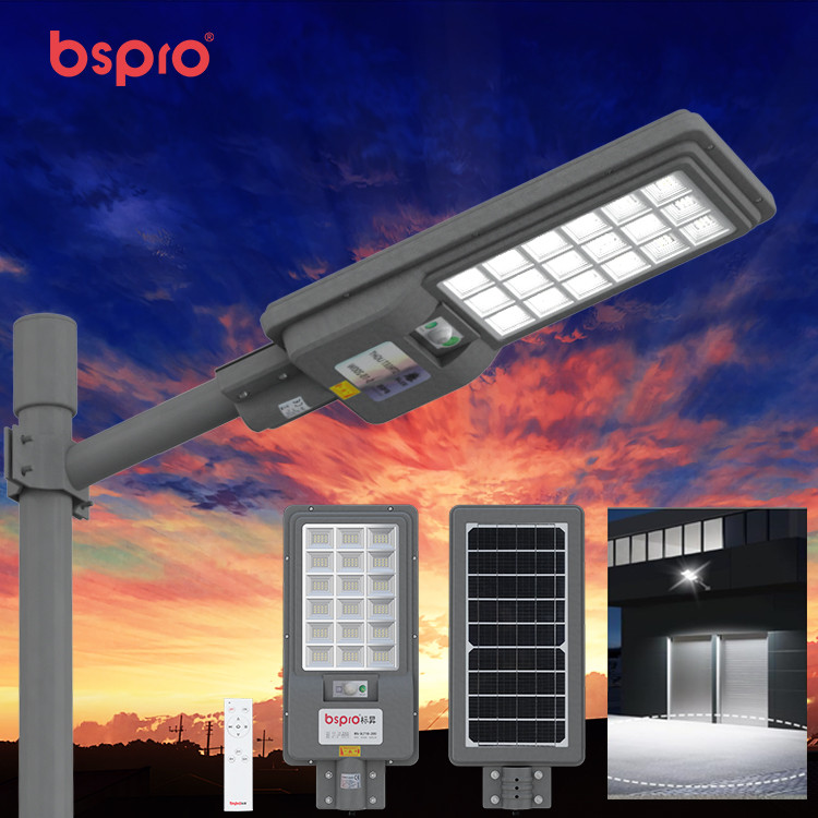 Solar street light against sunset backdrop