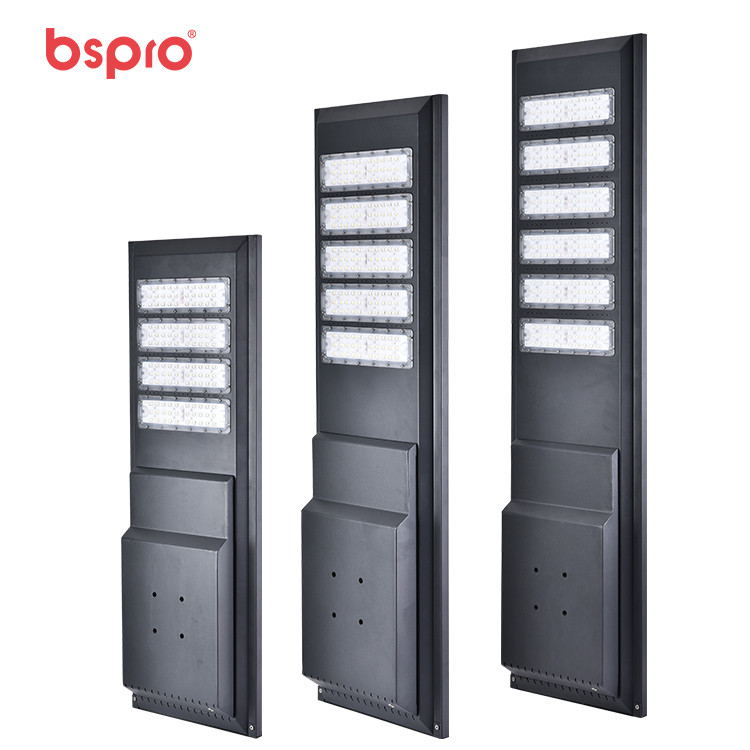Three tall LED streetlights in black