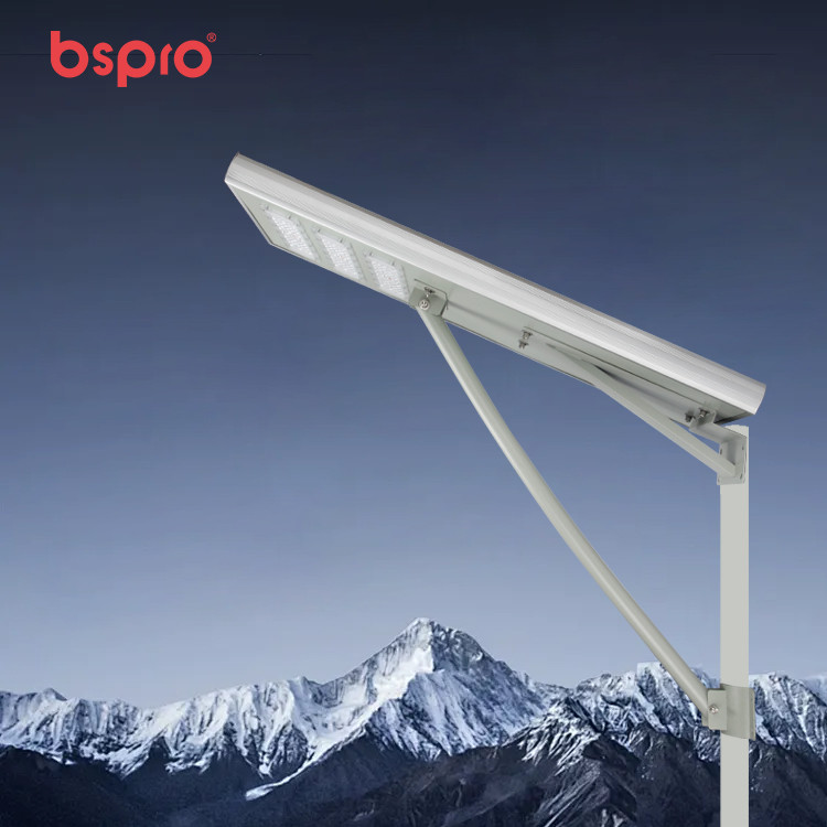 Solar streetlight against mountain backdrop