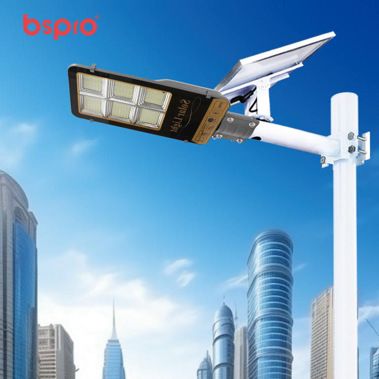 Solar streetlight on urban skyline