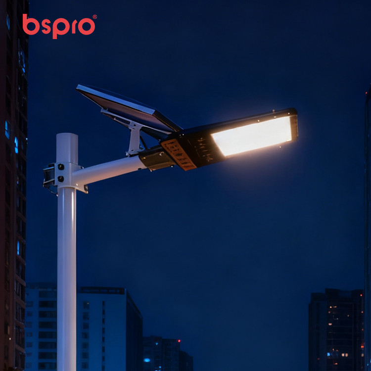 Solar streetlight illuminating urban area