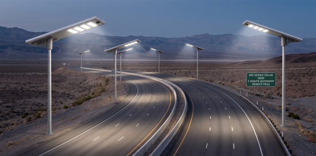 Solar streetlights along empty highway