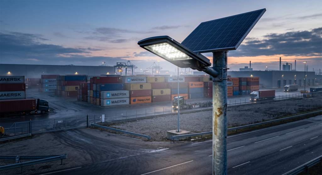 Scaling Solar Infrastructure: Lessons from | bspro LED Engineering Projects solar street light Solar light near shipping containers at dusk