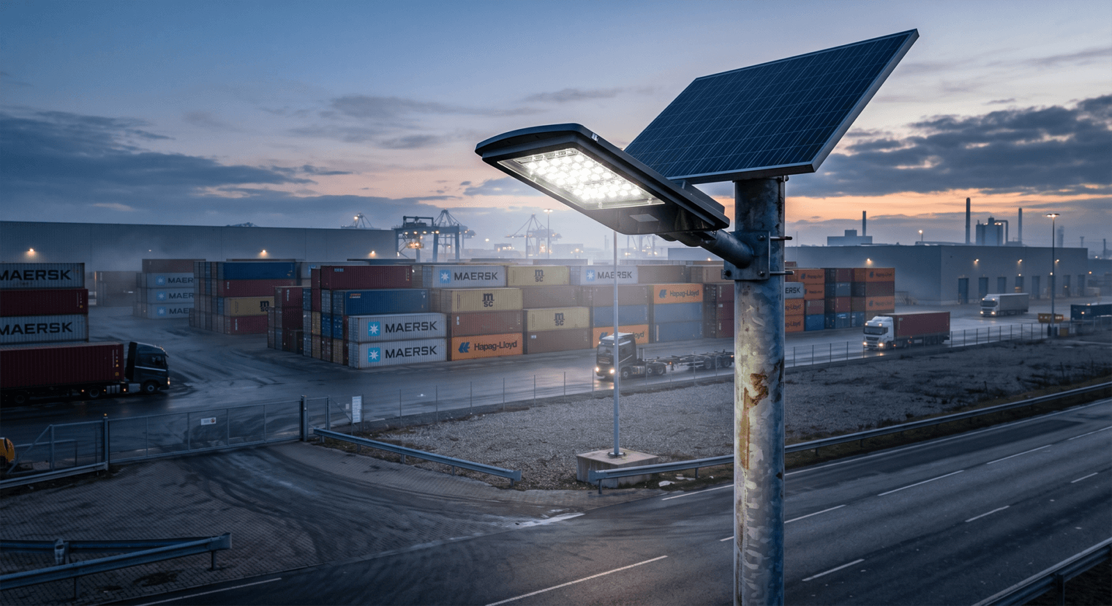 Solar light near shipping containers at dusk