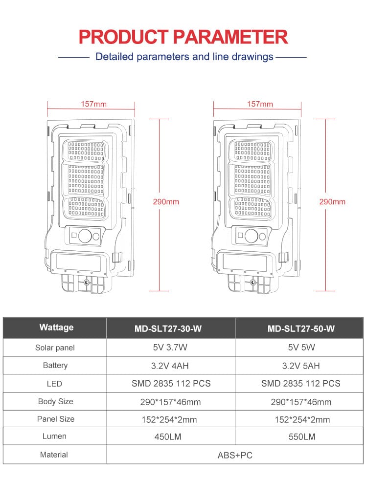 MD-SLT27-30 30W All in One Compact Size Solar Street Light IP65 Waterproof Outdoor | bspro All in One Compact Size Solar Street Light IP65 Waterproof Outdoor MD-SLT27-30 solar street light parameter