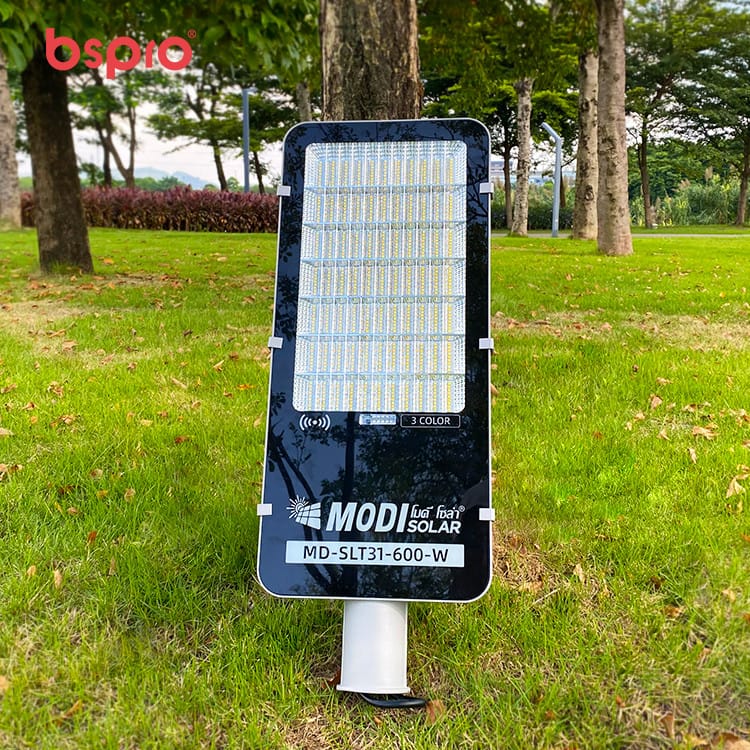 Solar streetlight in grassy area