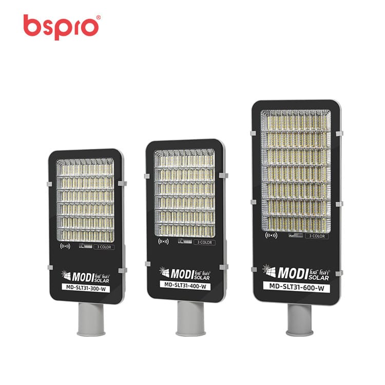 Three solar street lights displayed together