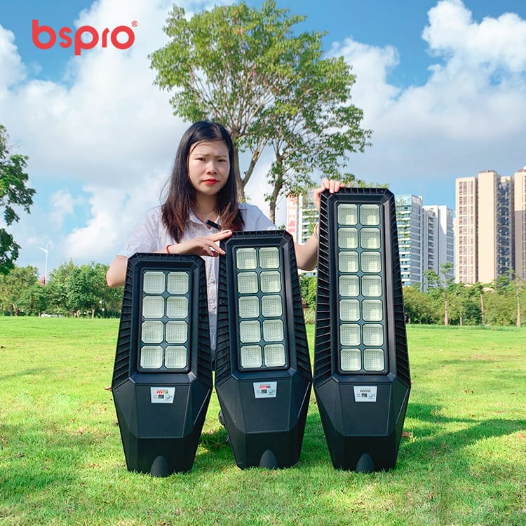 Woman showcasing three outdoor lights