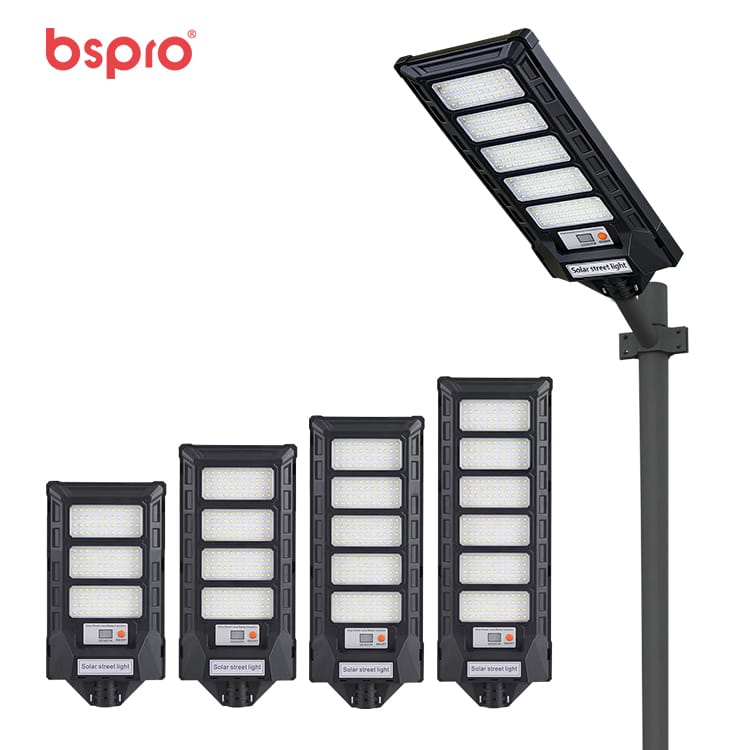 Four solar street lights displayed vertically