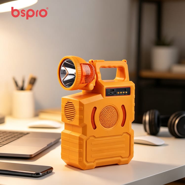 Orange portable speaker with flashlight