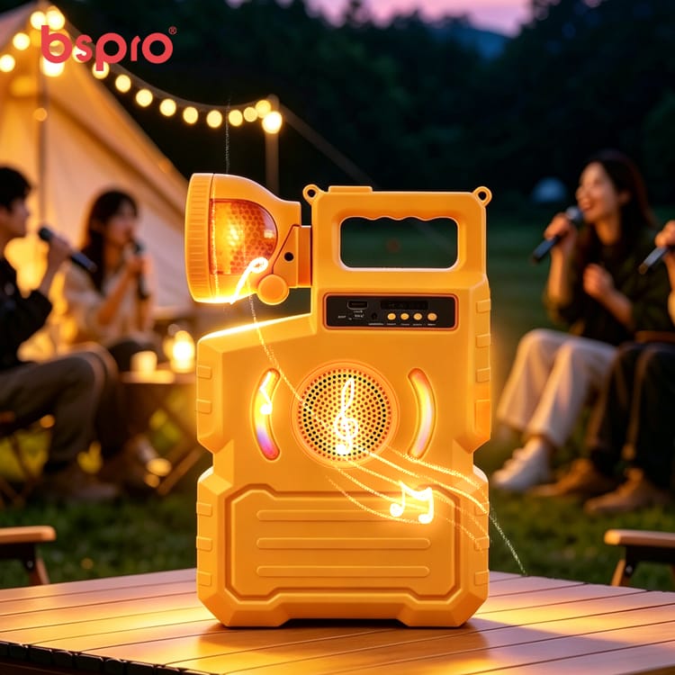 Yellow speaker at outdoor gathering
