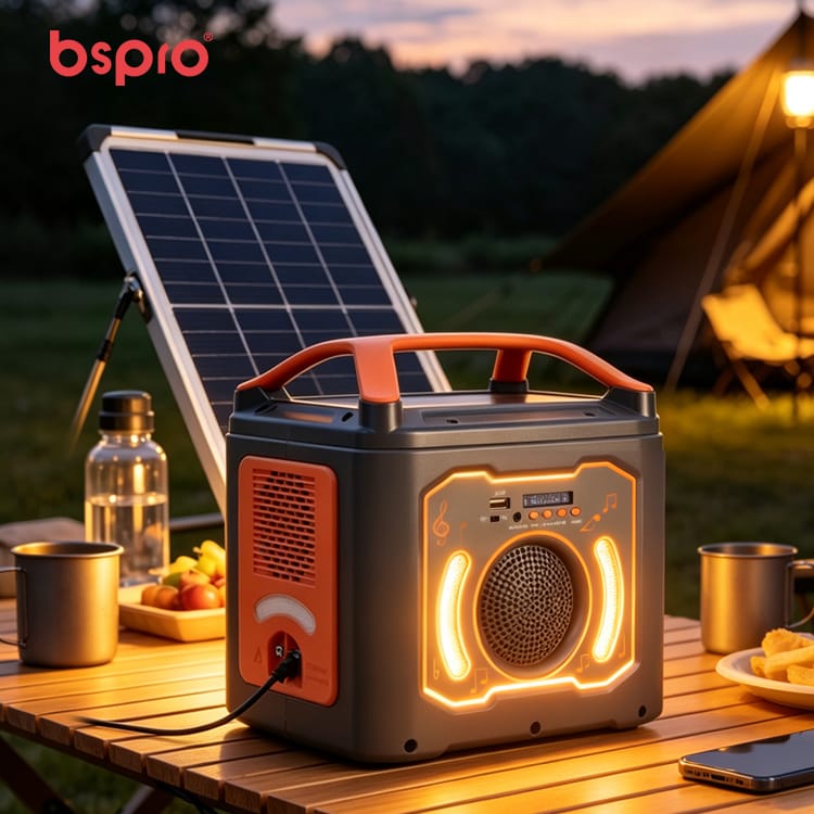 Portable speaker with solar panel setup