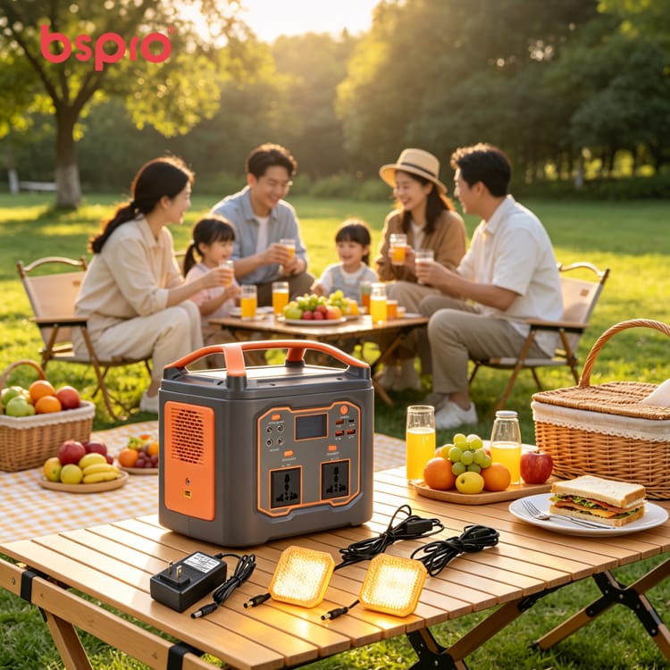 Family picnic with portable power station