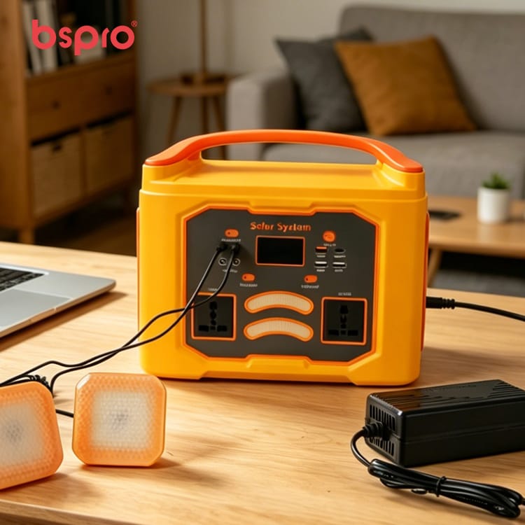 Portable solar power generator on table