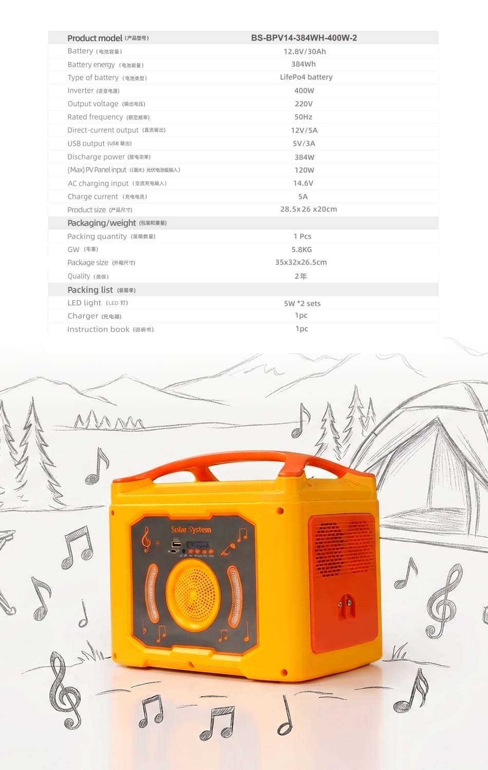 BS-BPV14-384WH-400W-2 portable solar power station parameters