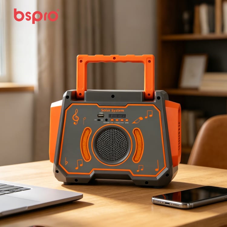 Portable solar-powered speaker on table