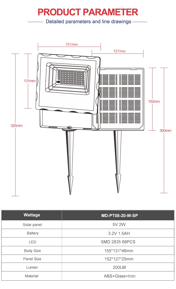 MD-PT08-20-W Solar Flood Light Dimension Drawing