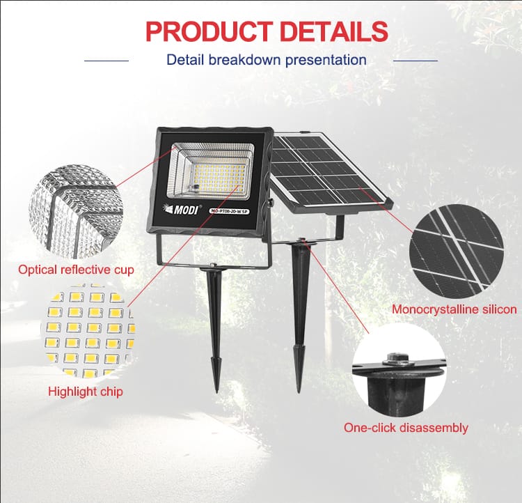 MD-PT08-20-W solar flood light details optical reflective cup highlight chip monocrystalline silicon