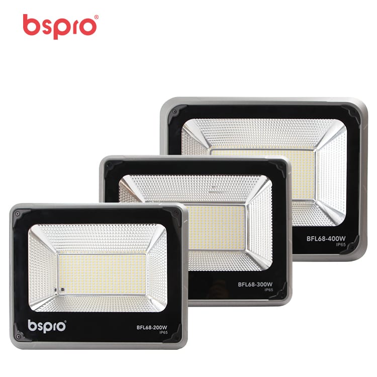Three LED floodlights of varying wattages