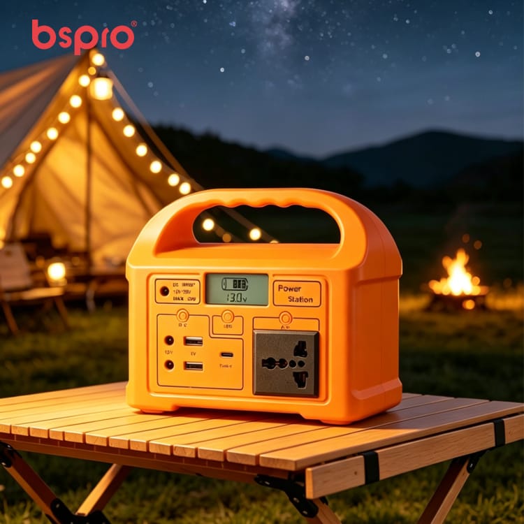 Portable power station at campsite