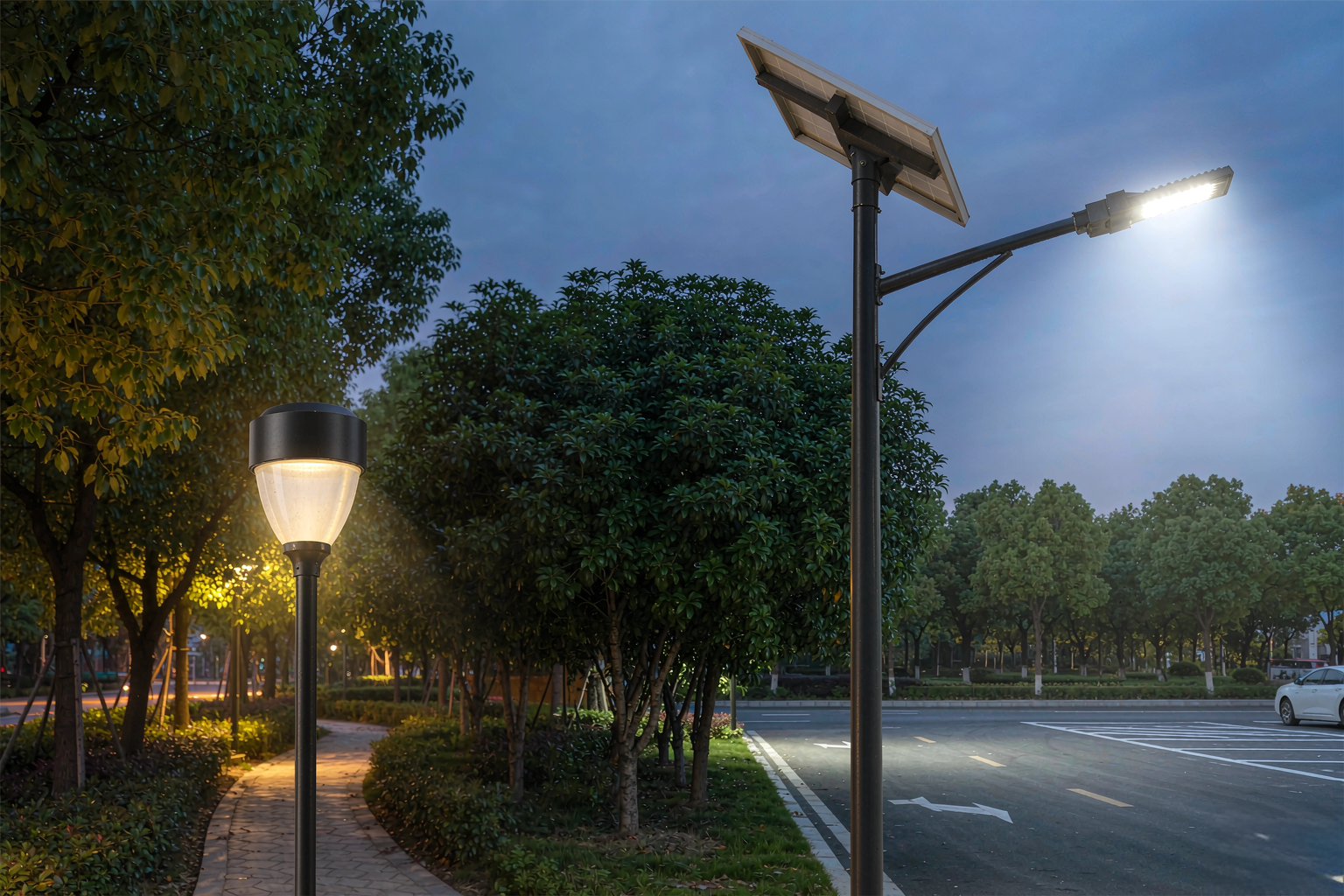 solar street light wattage comparison 30w garden path vs 150w parking lot